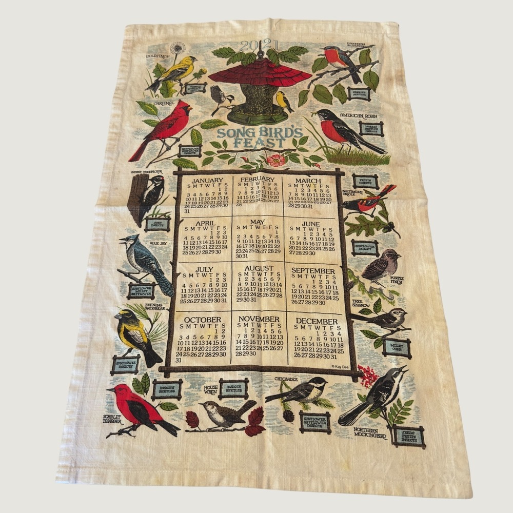Kay Dee Song Birds Feast 2021 Calendar Tea Towel 100% Cotton Bird Illustrations